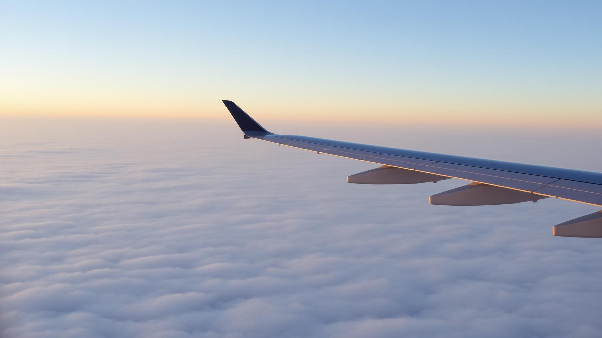 Flugzeugflügel über einer Wolkendecke im Morgenlicht